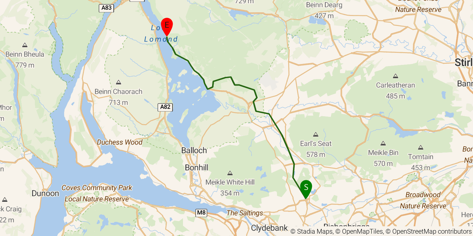 Route map of the West Highland Way — Stages 1–2: Milngavie to Rowardennan on OpenStreetMap terrain