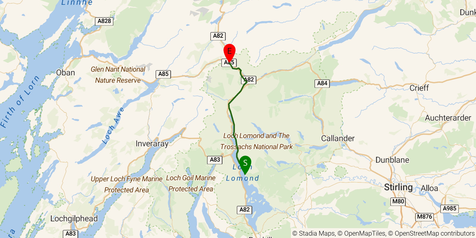 Route map of the West Highland Way — Stages 3–4: Rowardennan to Tyndrum on OpenStreetMap terrain