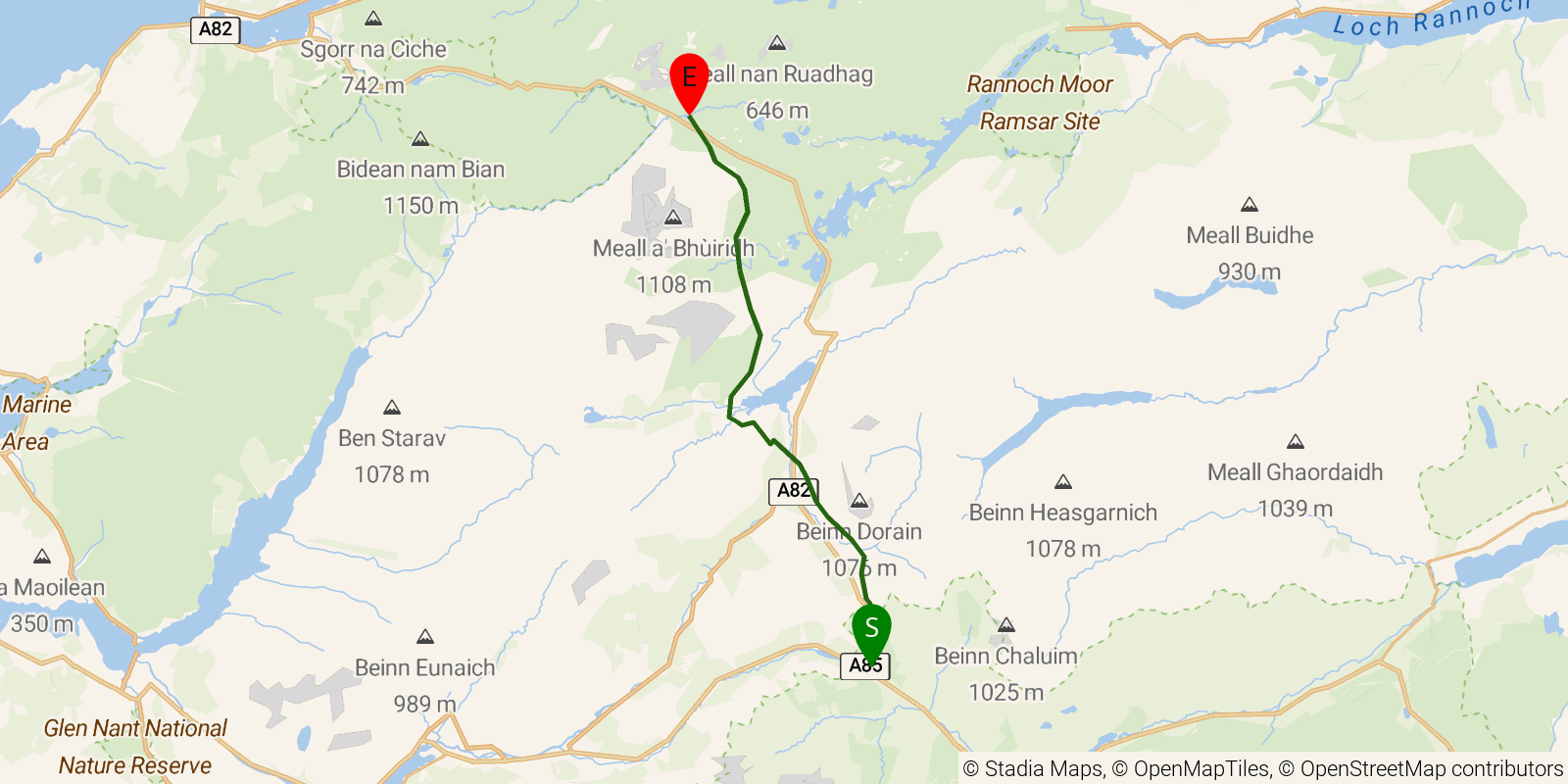 Route map of the West Highland Way — Stages 5–6: Tyndrum to Kingshouse on OpenStreetMap terrain