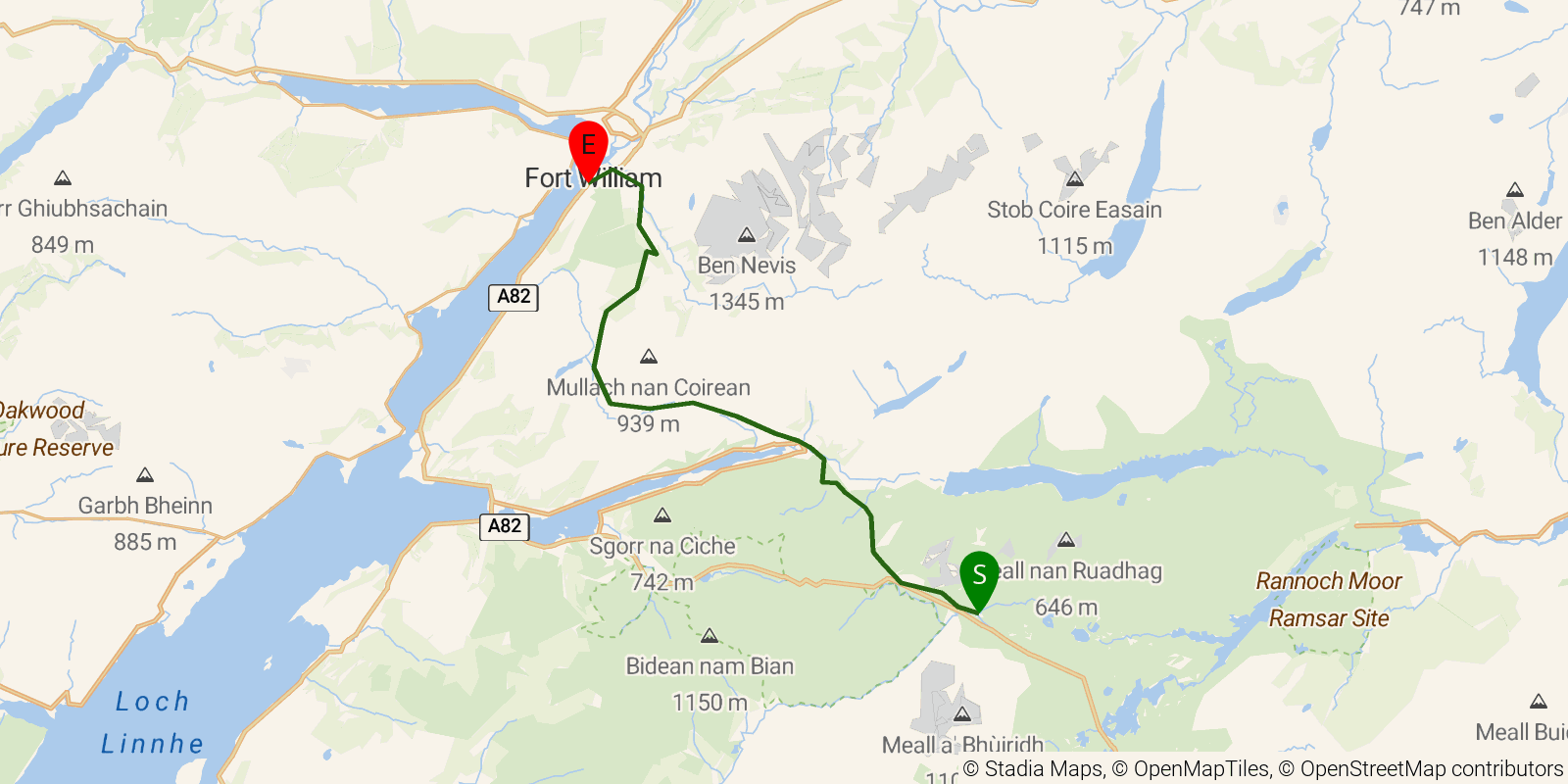 Route map of the West Highland Way — Stages 7–8: Kingshouse to Fort William on OpenStreetMap terrain