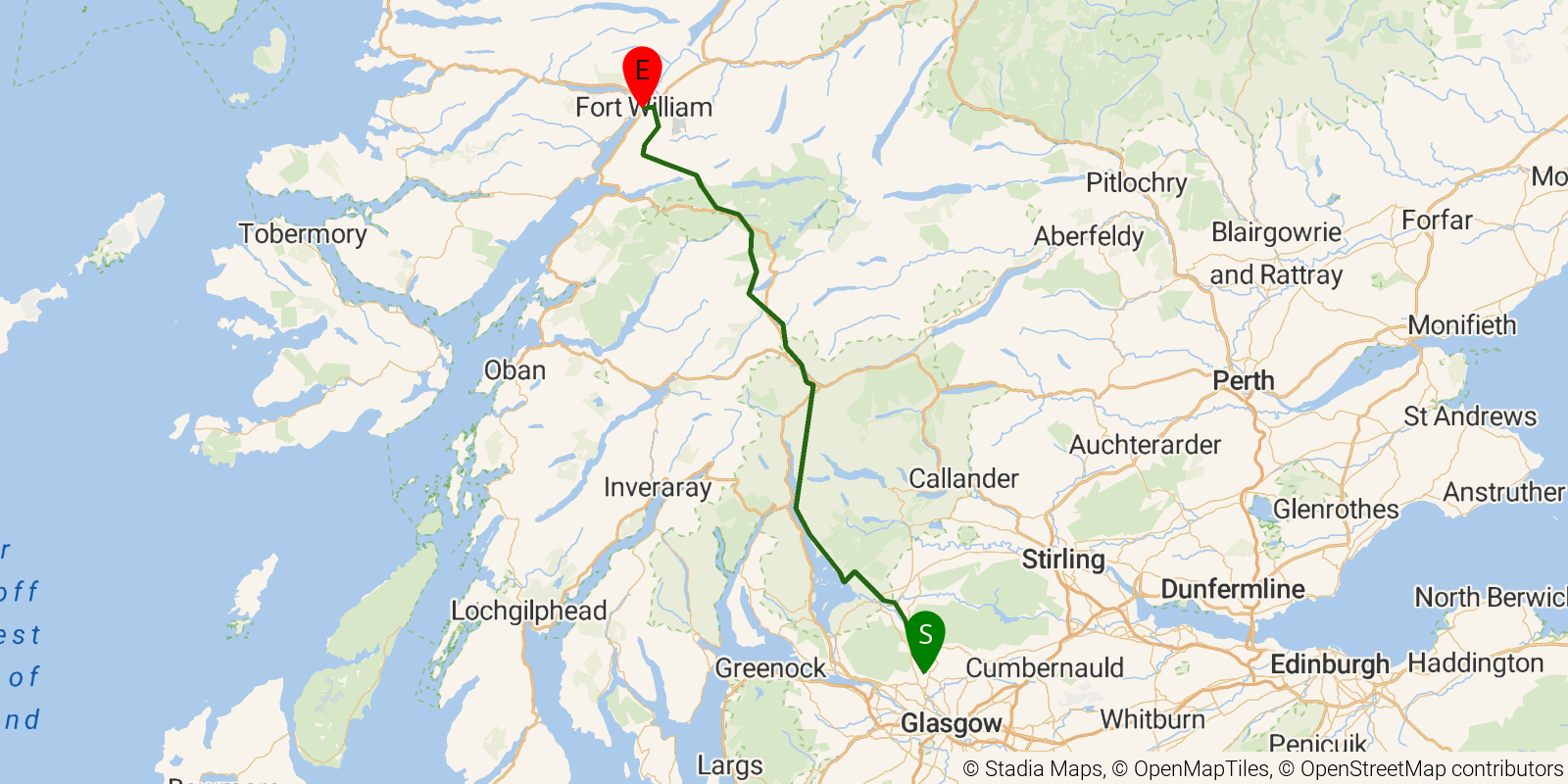Route map of the West Highland Way on OpenStreetMap terrain