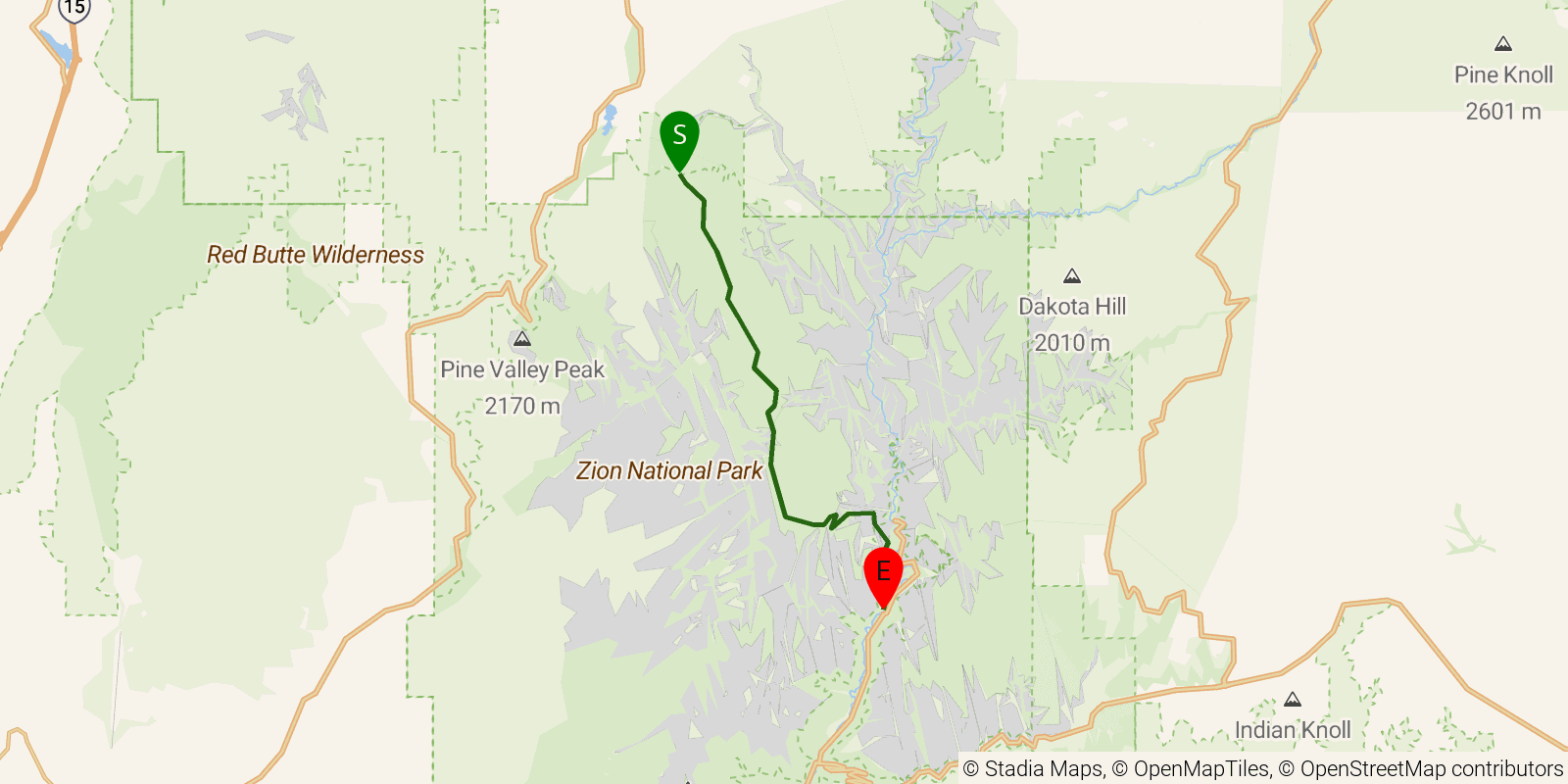 Route map of the West Rim Trail (Zion) on OpenStreetMap terrain