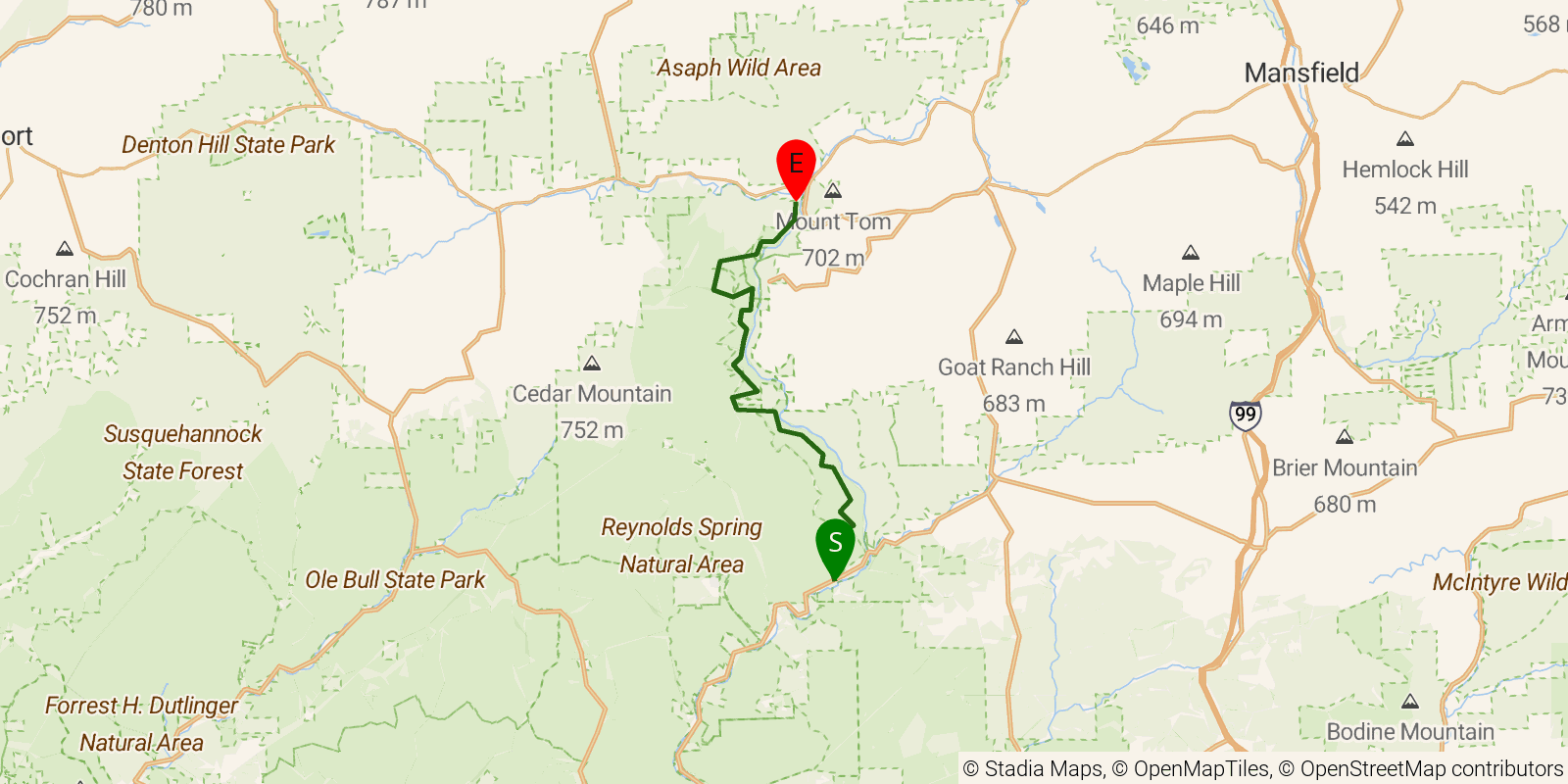 Route map of the West Rim Trail on OpenStreetMap terrain