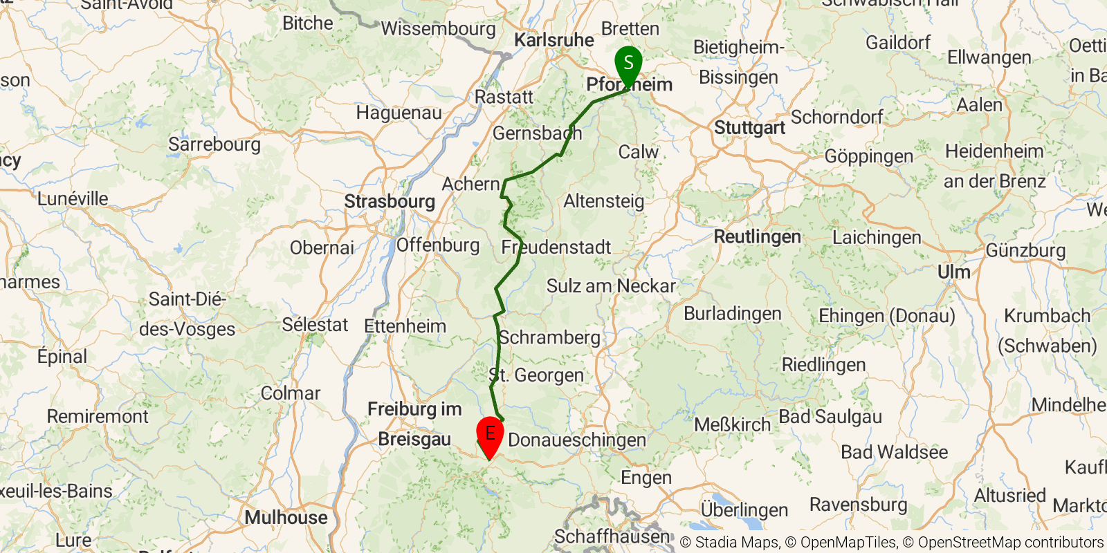 Route map of the Westweg (Pforzheim to Titisee) on OpenStreetMap terrain