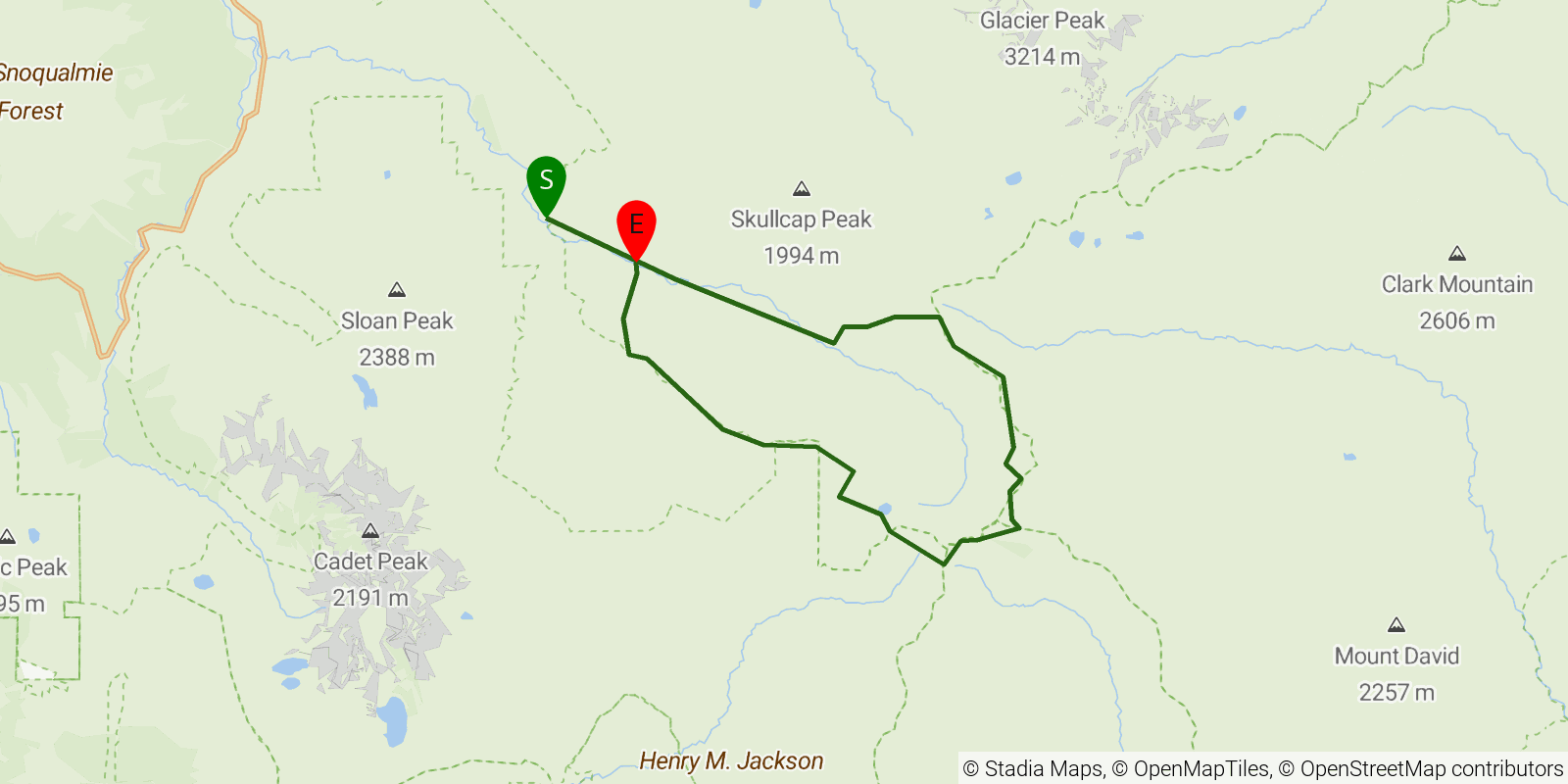 Route map of the White Pass – Pilot Ridge Loop on OpenStreetMap terrain