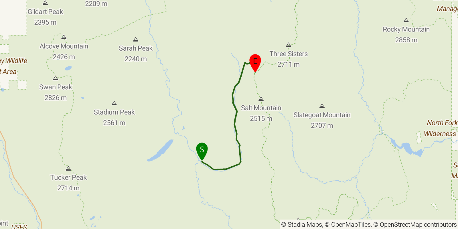 Route map of the White River Trail on OpenStreetMap terrain