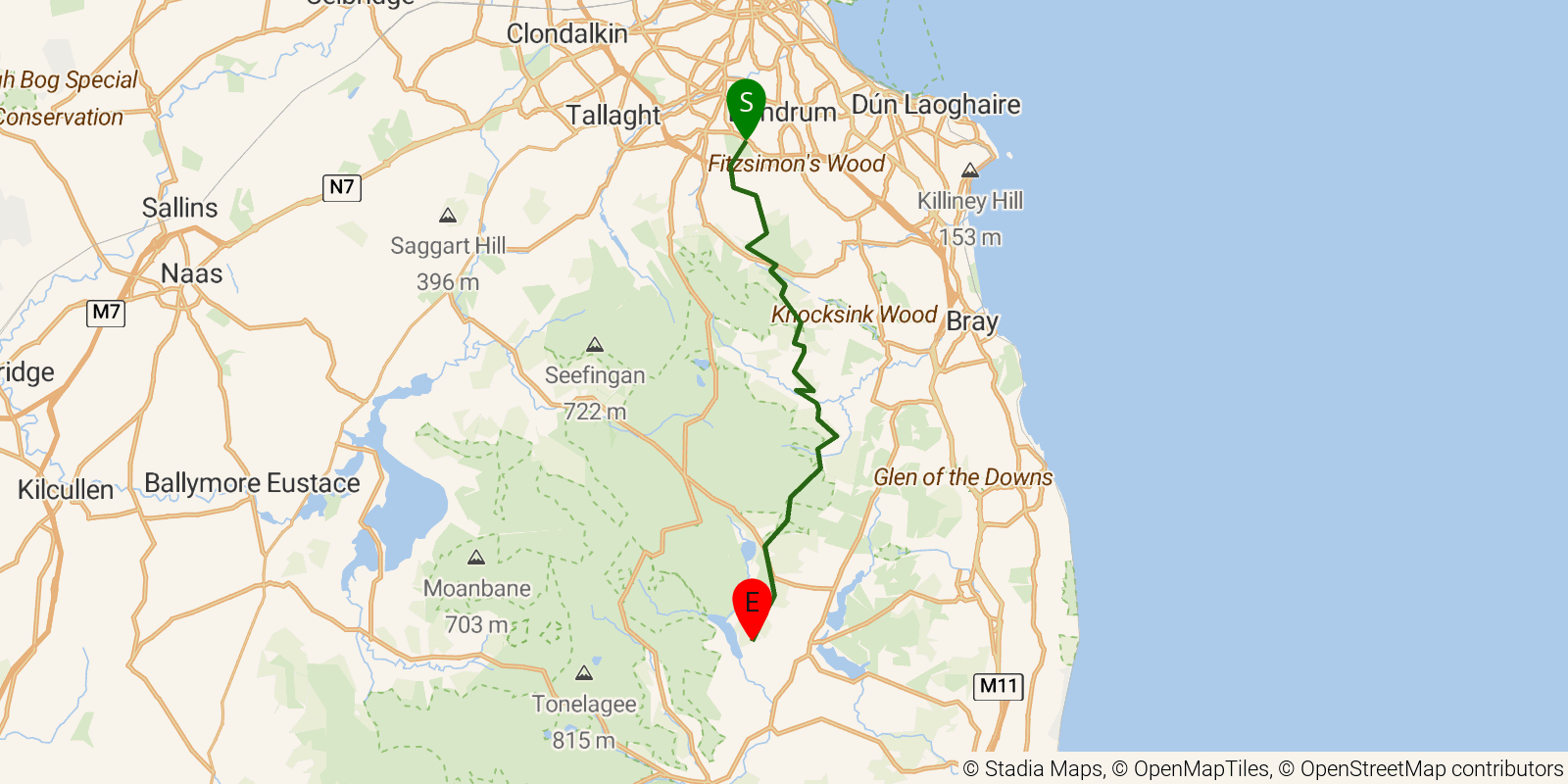 Route map of the Wicklow Way — Stages 1–2: Marlay Park to Roundwood on OpenStreetMap terrain