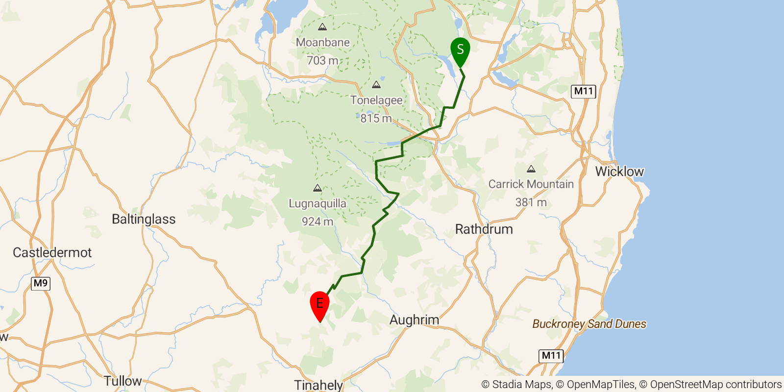 Route map of the Wicklow Way — Stages 3–5: Roundwood to Moyne on OpenStreetMap terrain