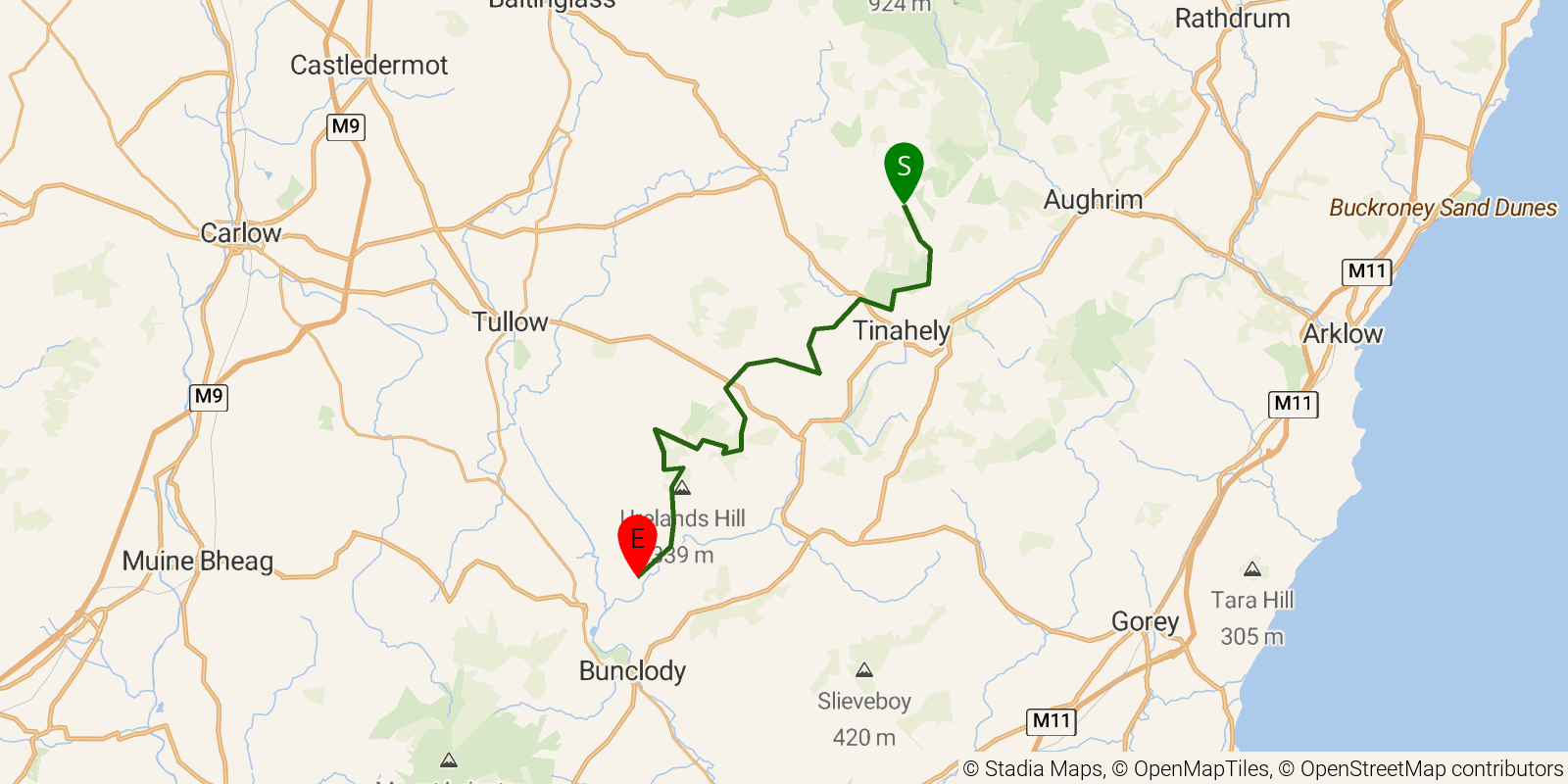 Route map of the Wicklow Way — Stages 6–7: Moyne to Clonegal on OpenStreetMap terrain