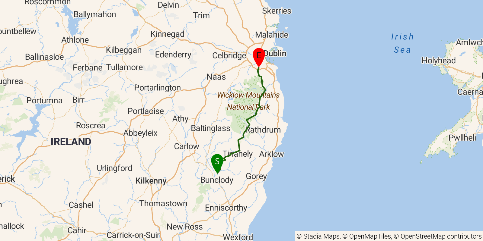 Route map of the Wicklow Way on OpenStreetMap terrain
