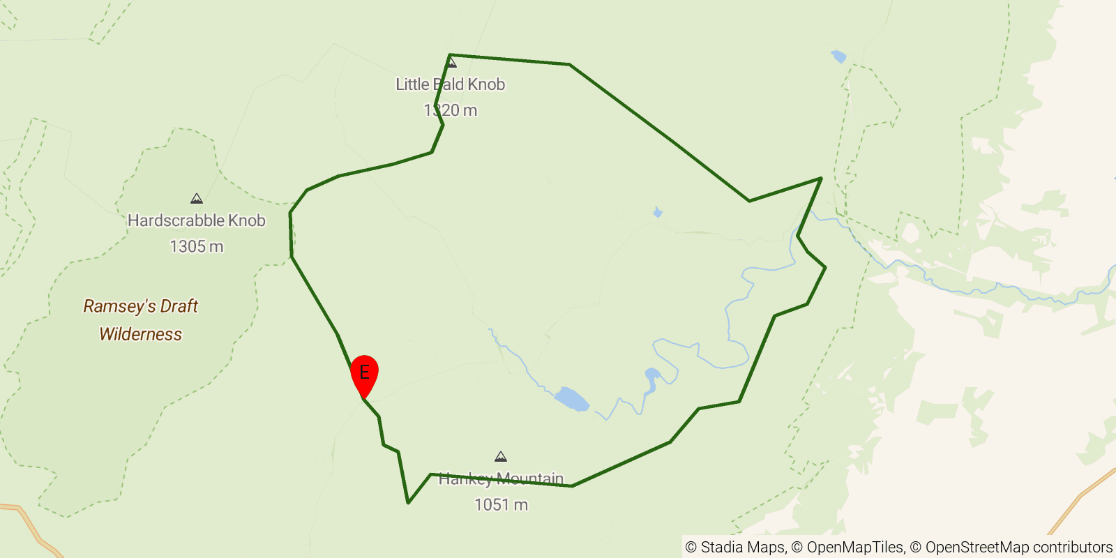 Route map of the Wild Oak Trail on OpenStreetMap terrain