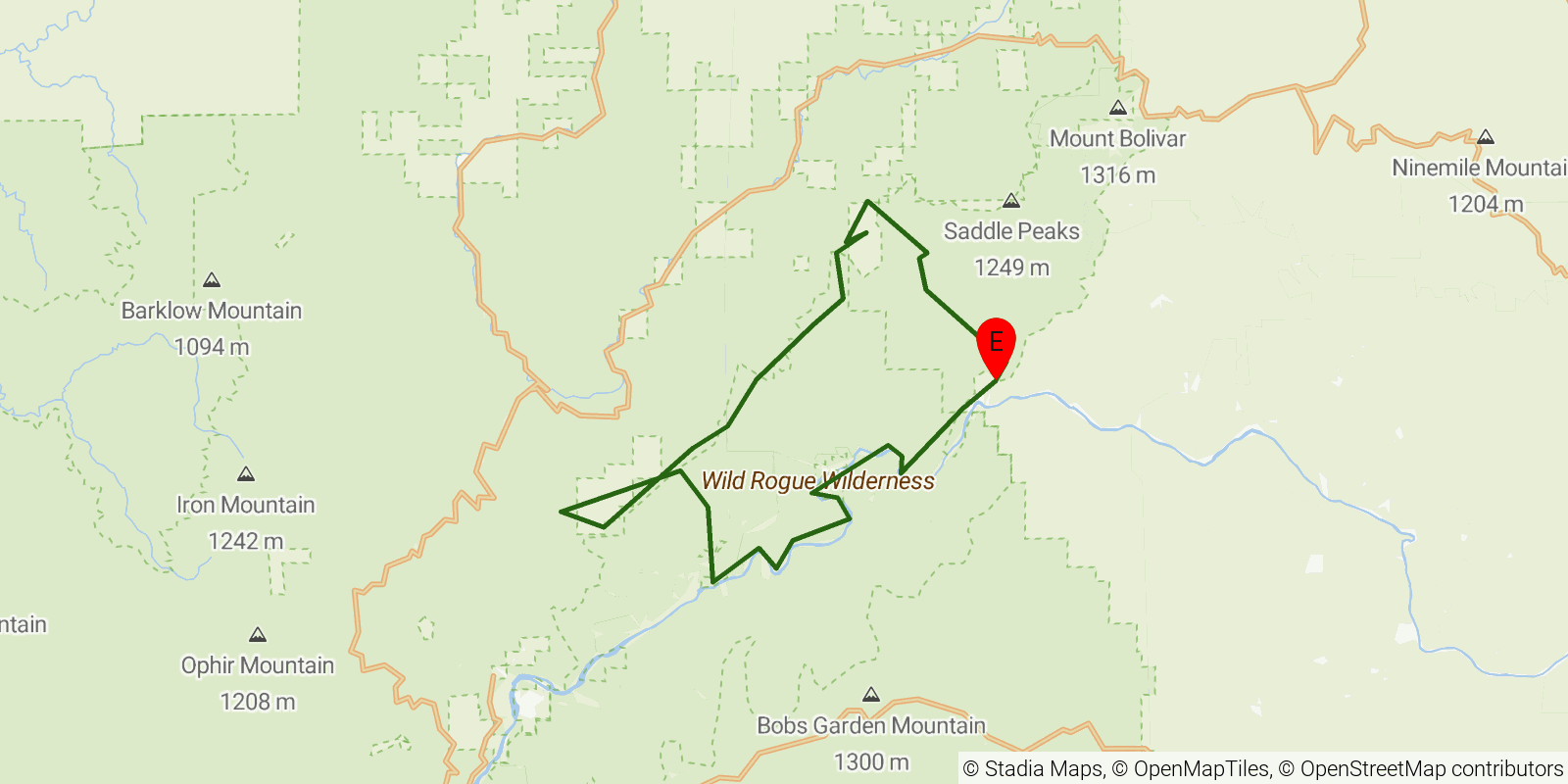 Route map of the Wild Rogue Loop on OpenStreetMap terrain