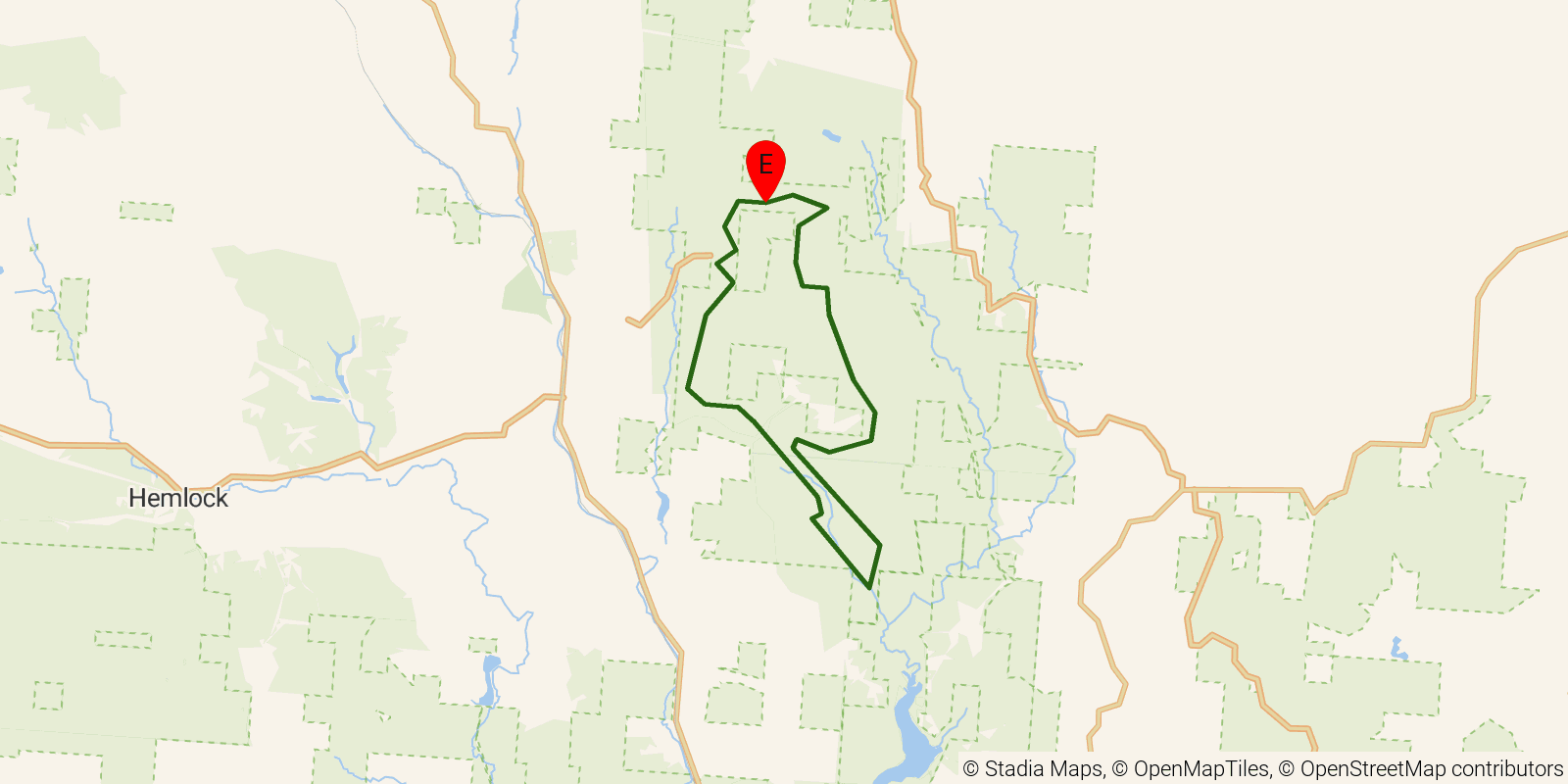 Route map of the Wildcat Hollow Trail on OpenStreetMap terrain