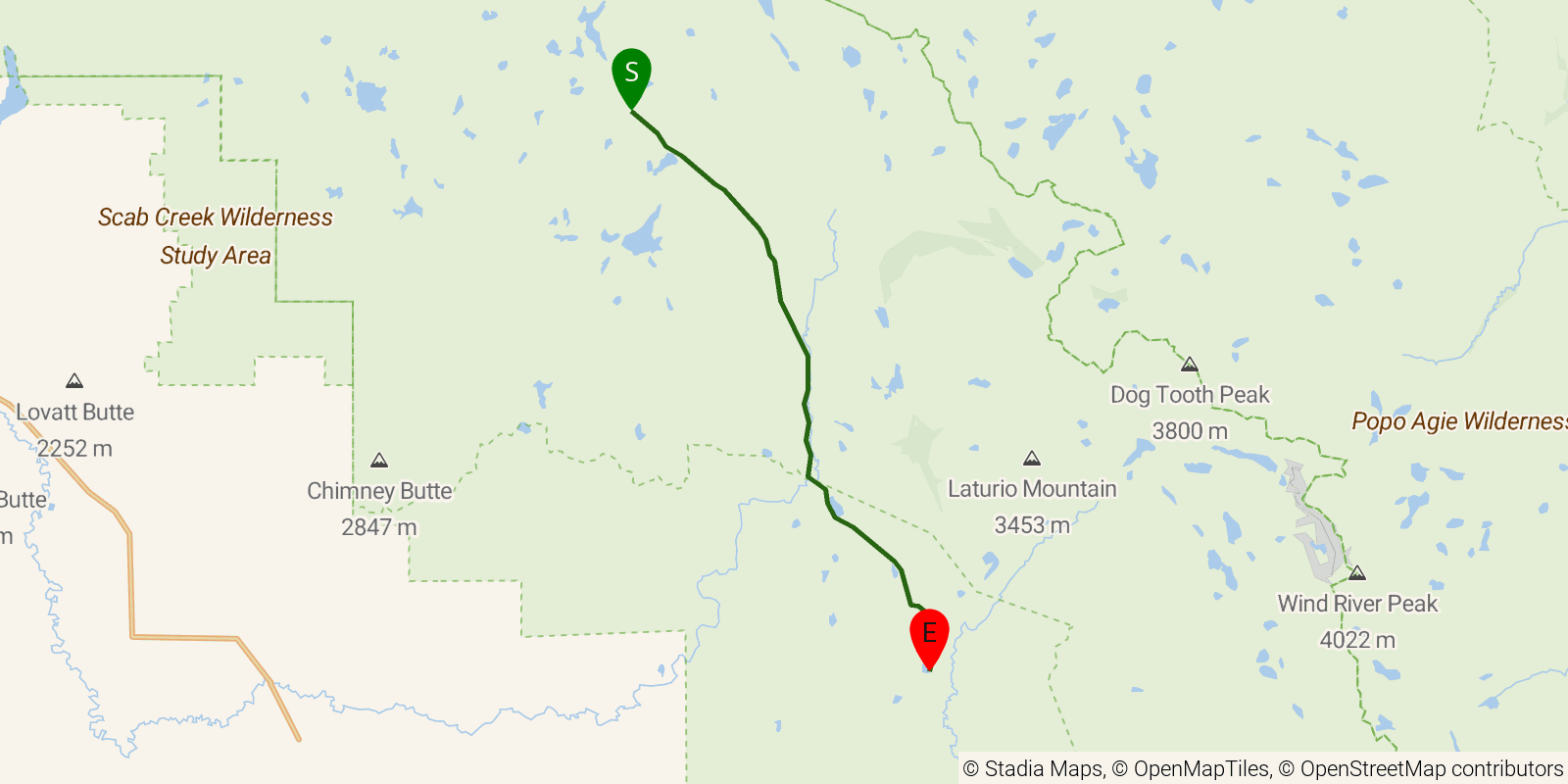 Route map of the Highline Trail (Wind River Range) on OpenStreetMap terrain