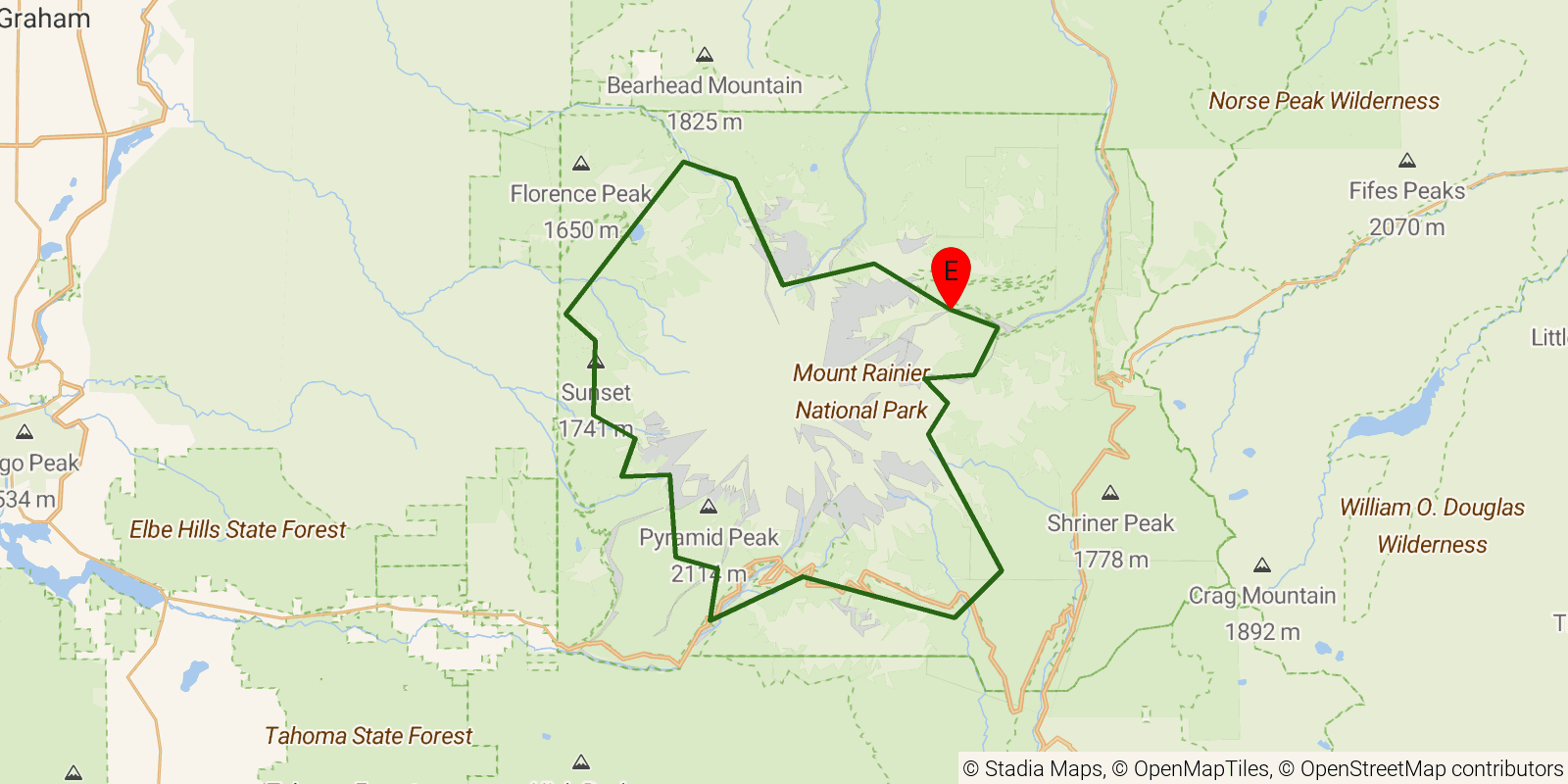 Route map of the Wonderland Trail on OpenStreetMap terrain