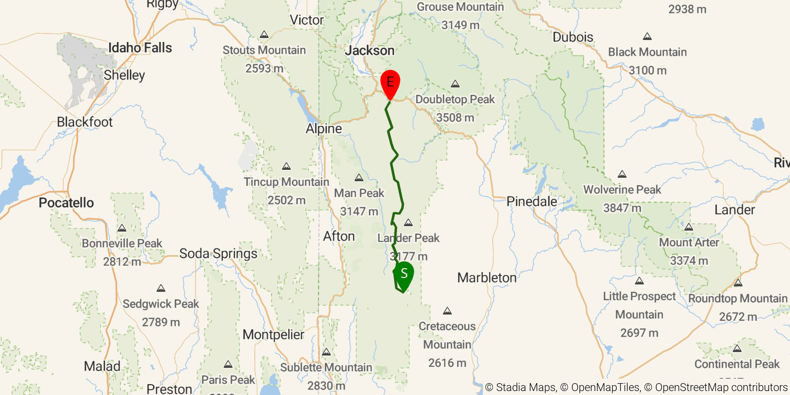 Route map of the Wyoming Range National Recreation Trail on OpenStreetMap terrain