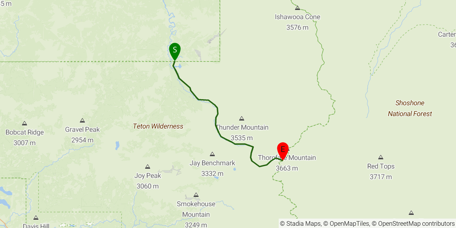 Route map of the Yellowstone River Trail on OpenStreetMap terrain