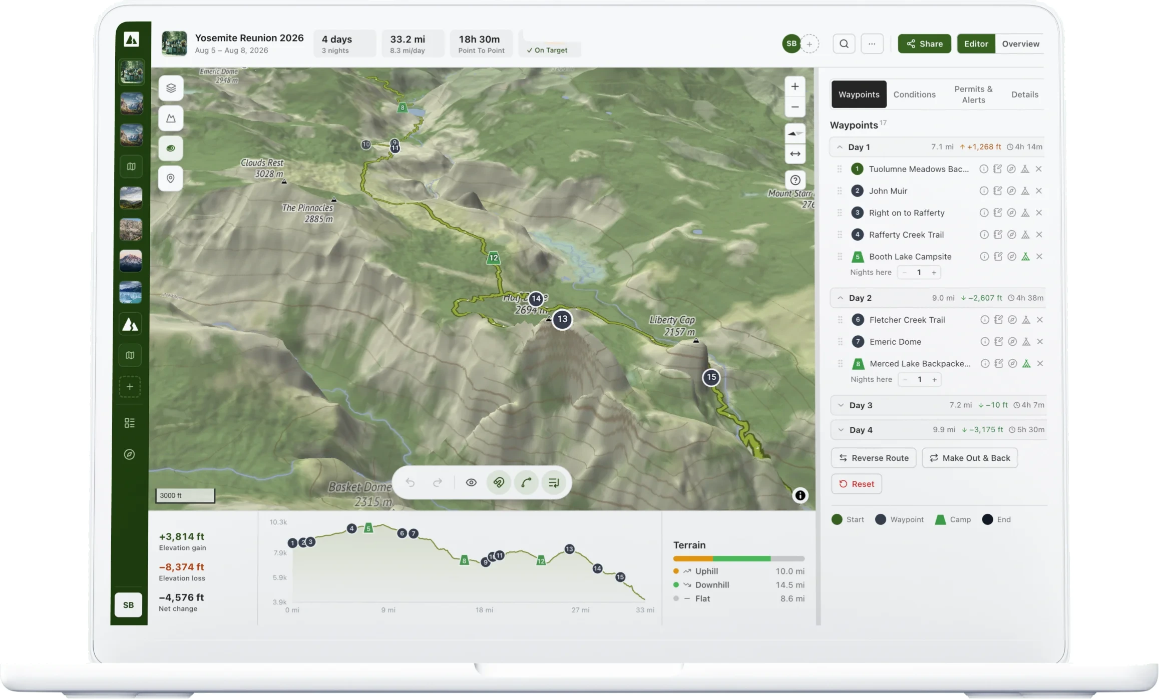 Ridgefold planner in a laptop frame showing a multi-day backpacking route on a terrain map with per-day waypoints and an elevation profile